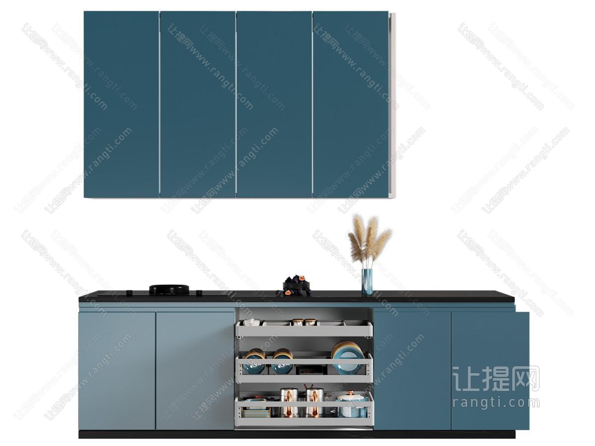 现代厨房橱柜 抽拉篮 调料瓶 锅具 餐具 收纳