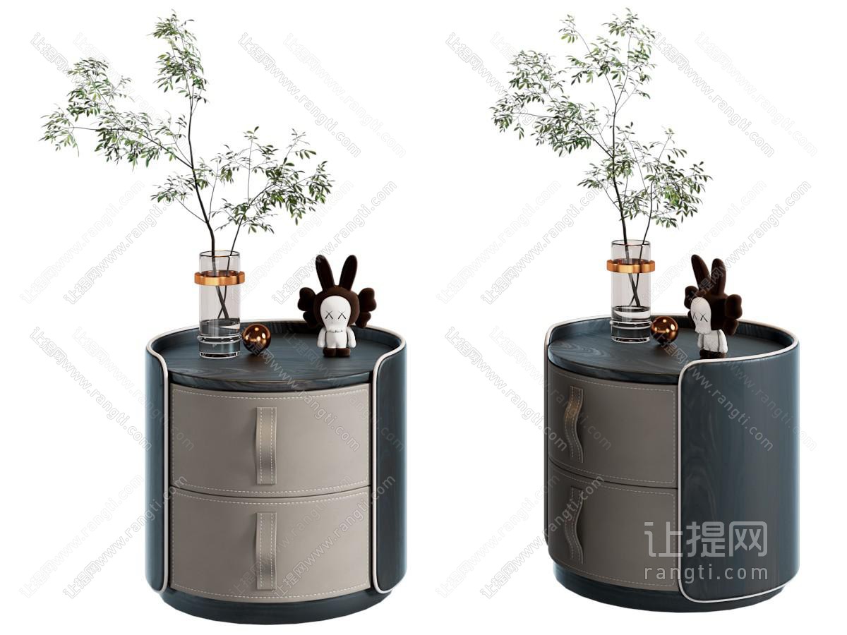 现代圆形床头柜 花瓶花卉