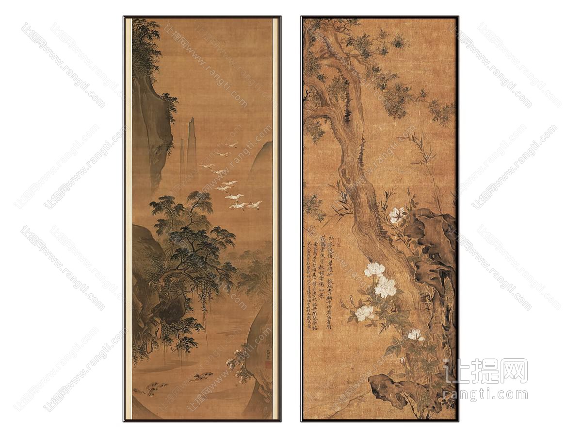 新中式复古组合画 山水画 抽象画 国画 长条挂画 壁灯