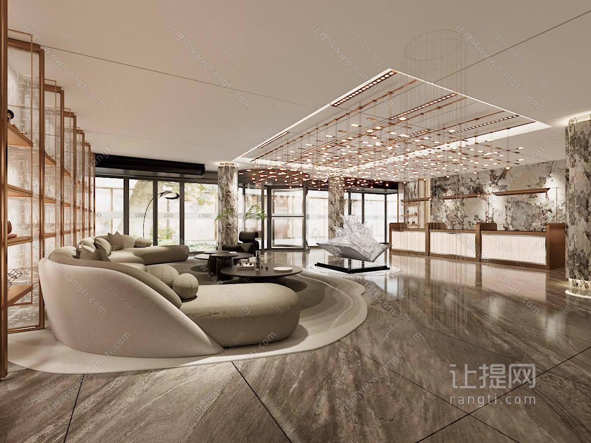 酒店大堂 吊灯 沙发组合 展示架 前台 灰色地砖 旋转门