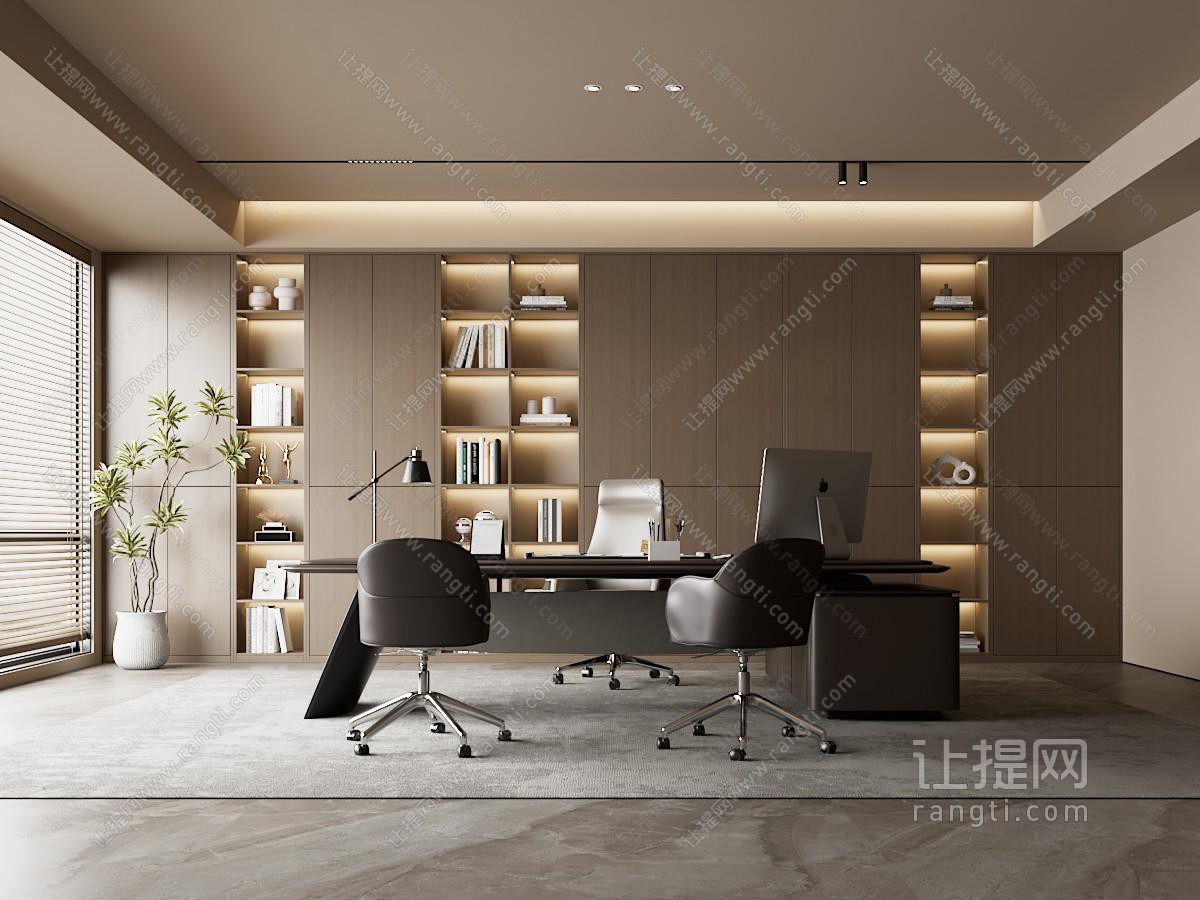 现代办公室 背景墙书柜