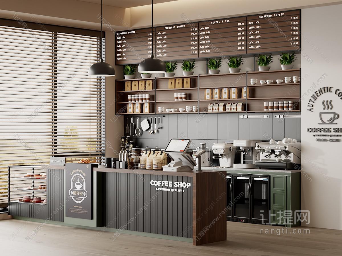 现代咖啡厅 咖啡吧台 咖啡机 面包店展柜 工作台 奶茶