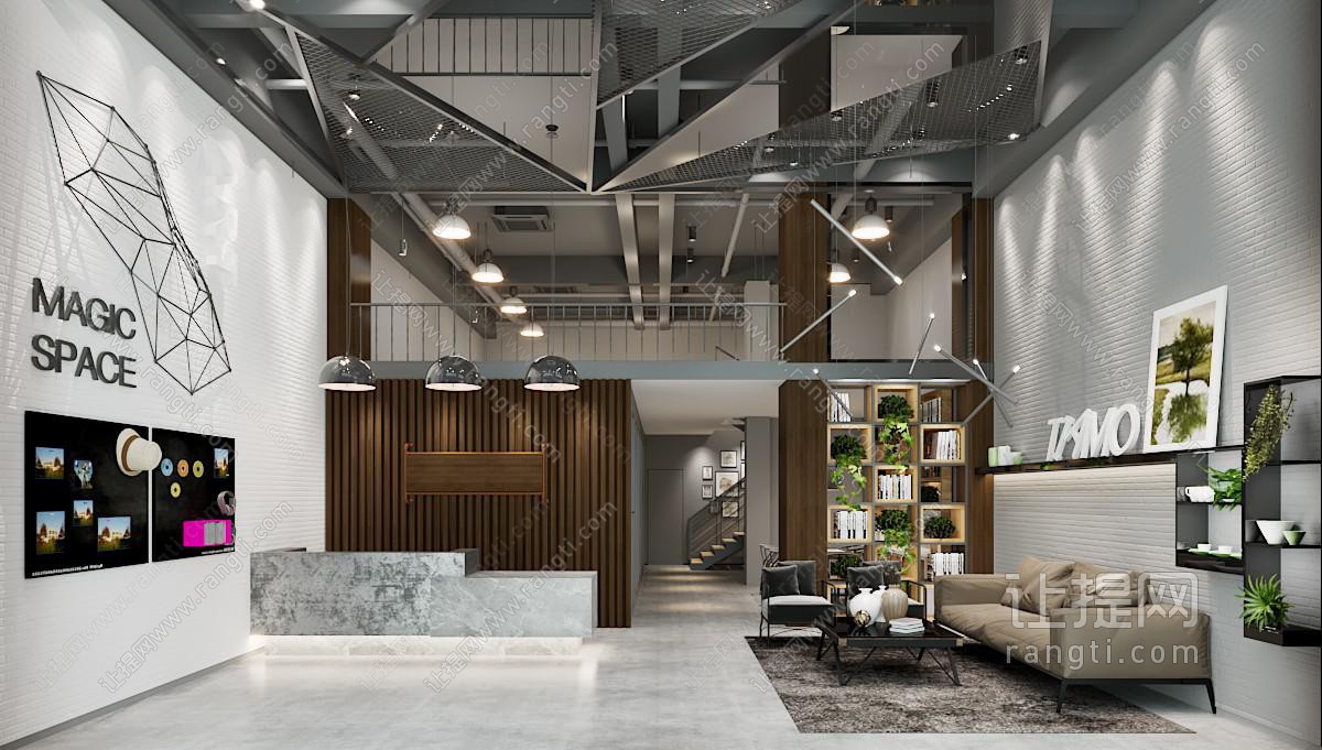 工业风loft风格前台 铁网天花 砖墙 loft沙发