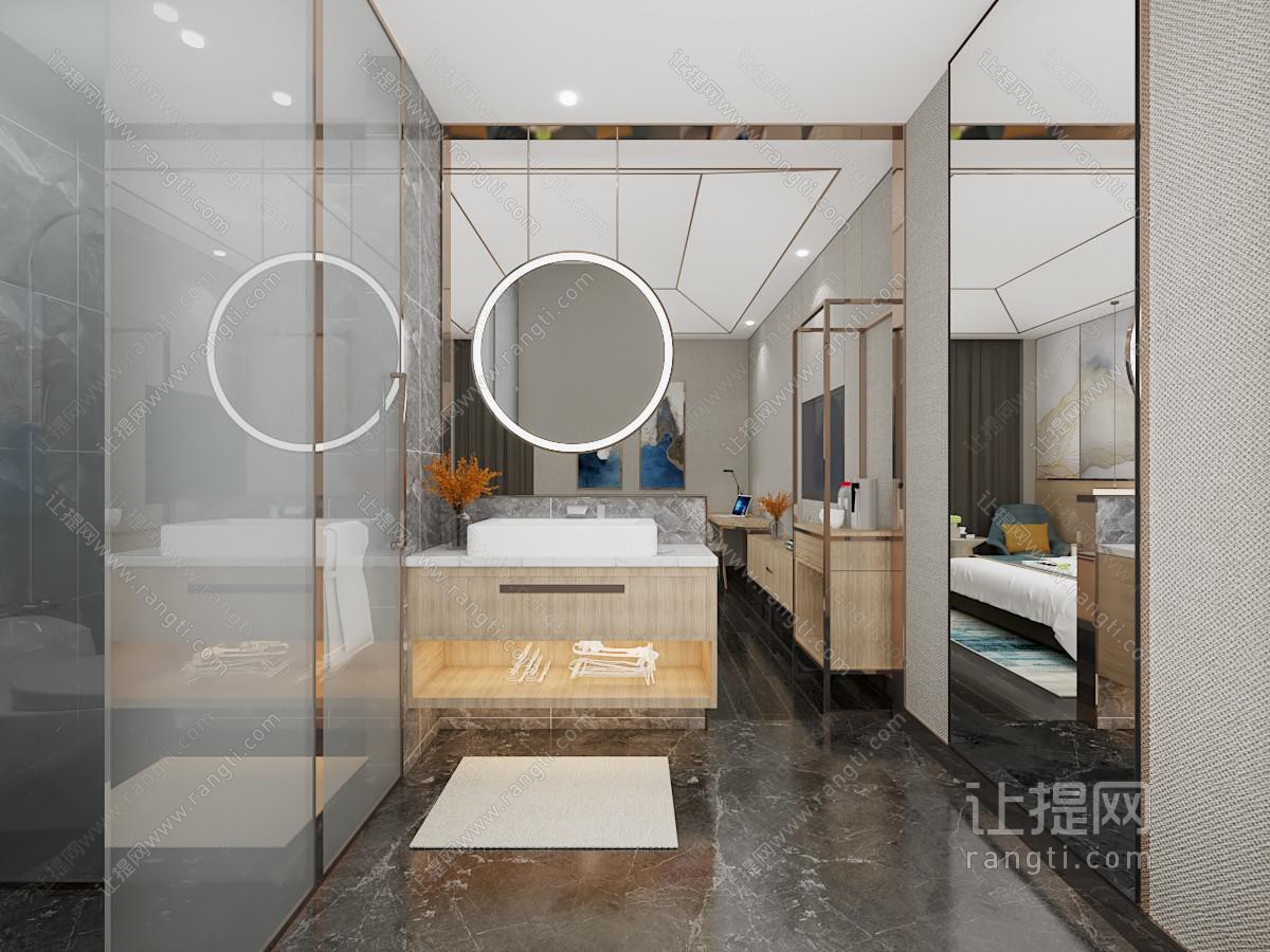 现代酒店客房洗手盆 圆镜 行李置物架 电视柜 书柜 休