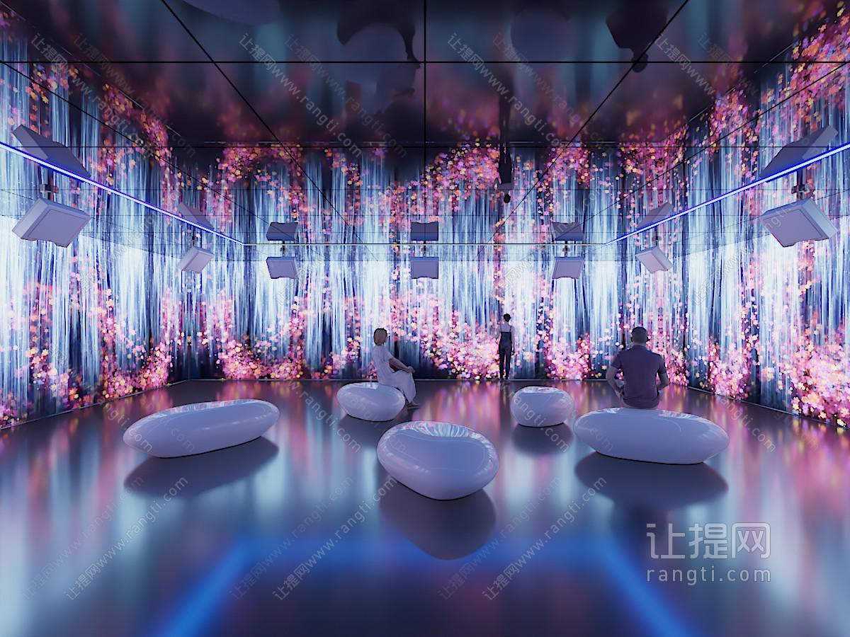 现代展厅 沉浸影院 瀑布 投影 艺术空间