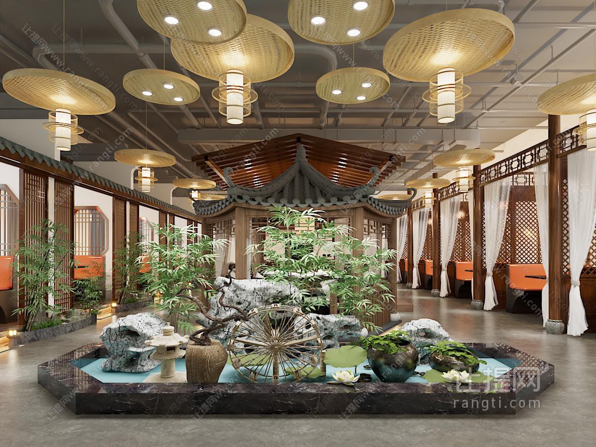 新中式中式中餐厅 水景 廊亭 餐桌组合