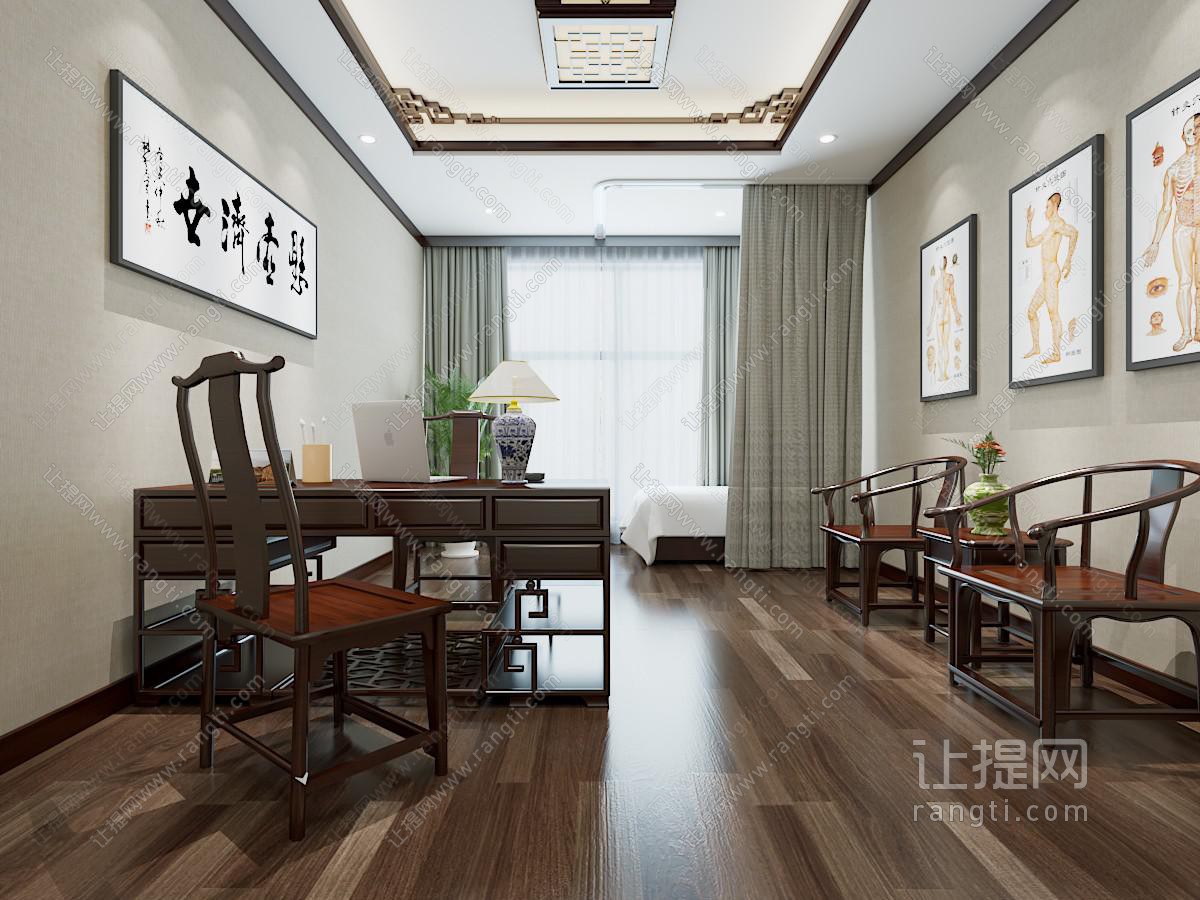 新中式中式复古办公室 过道走廊 实木圈椅隔断 办公桌