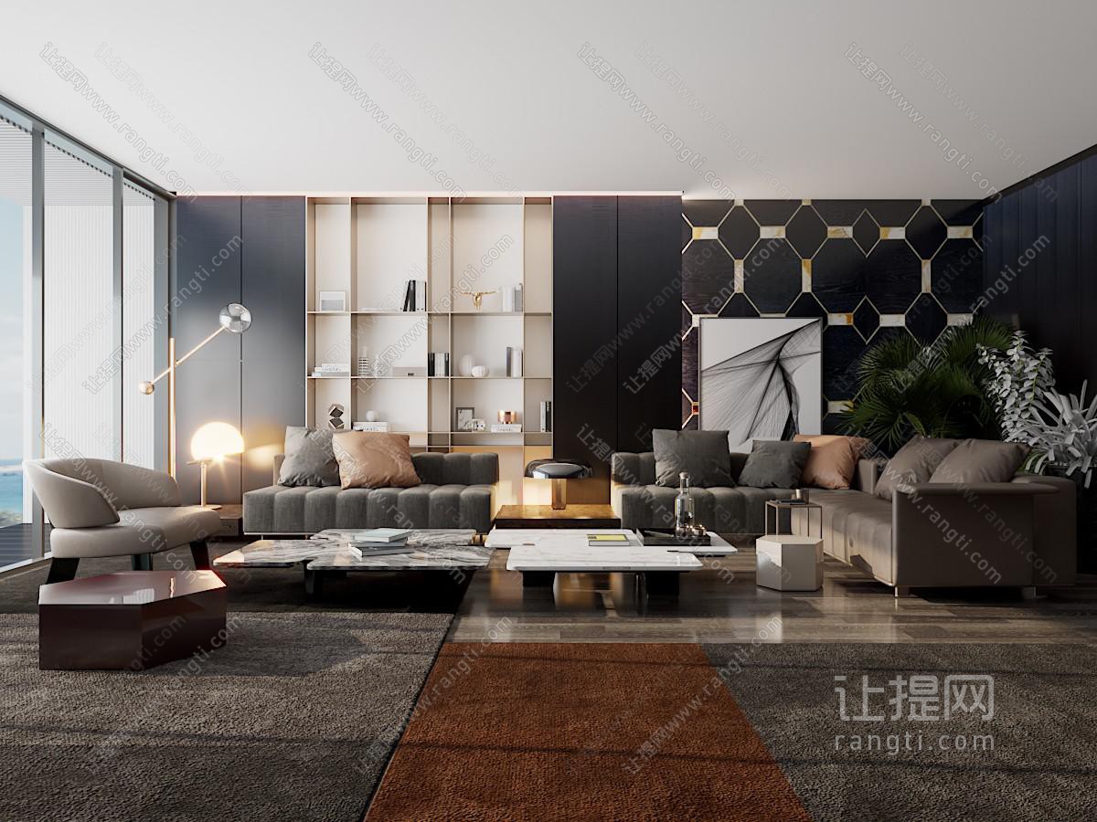 现代多人沙发 组合沙发 背景墙