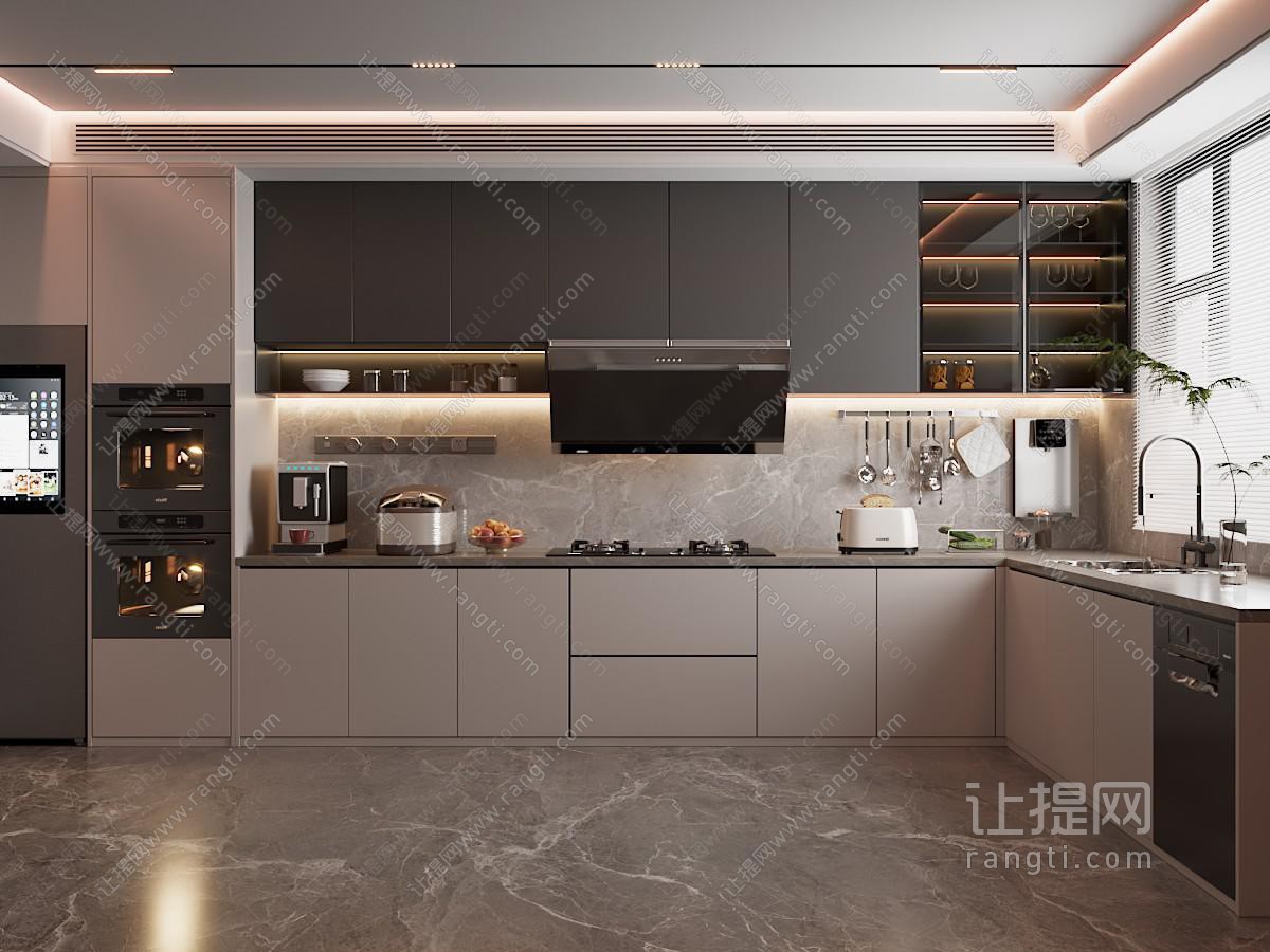 现代简约封闭式厨房 厨具 橱柜 厨房用品 电器 冰箱