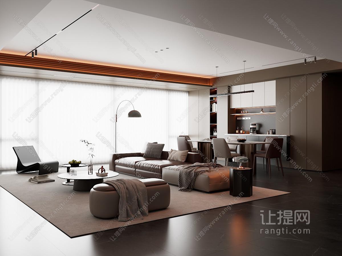 现代意式客餐厅 沙发茶几组合 餐桌椅 餐边柜 落地灯