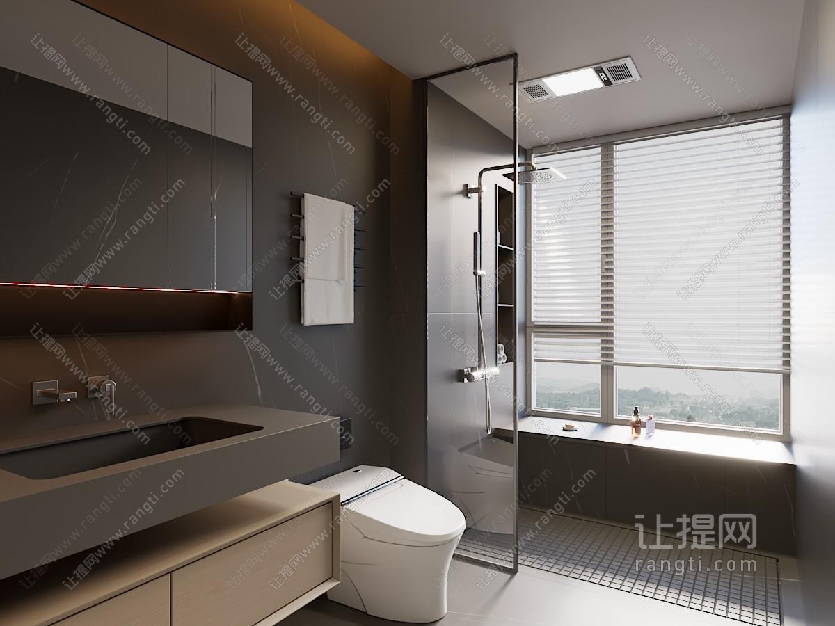 现代意式卫生间 浴室柜 马桶 淋浴间