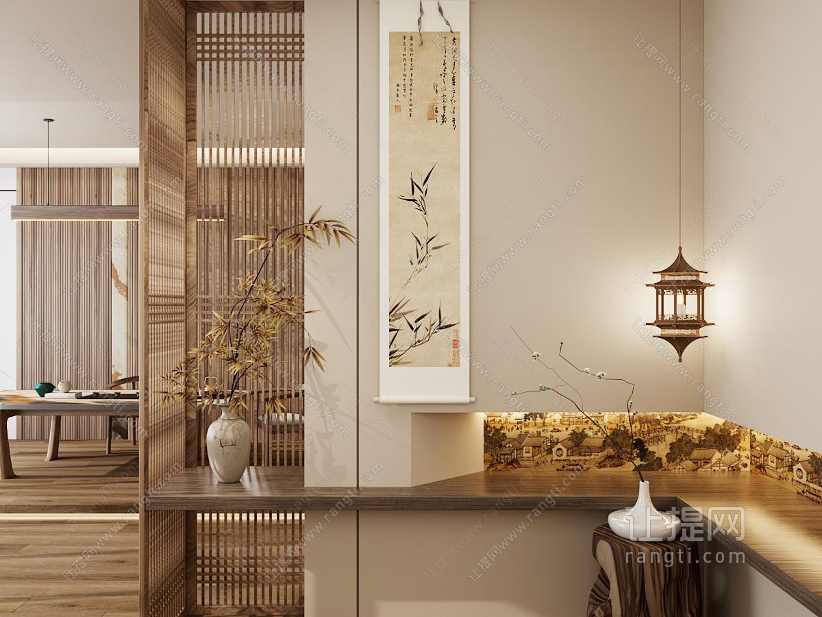 新中式实木格栅 端景 隔断 地台 茶桌 玄关
