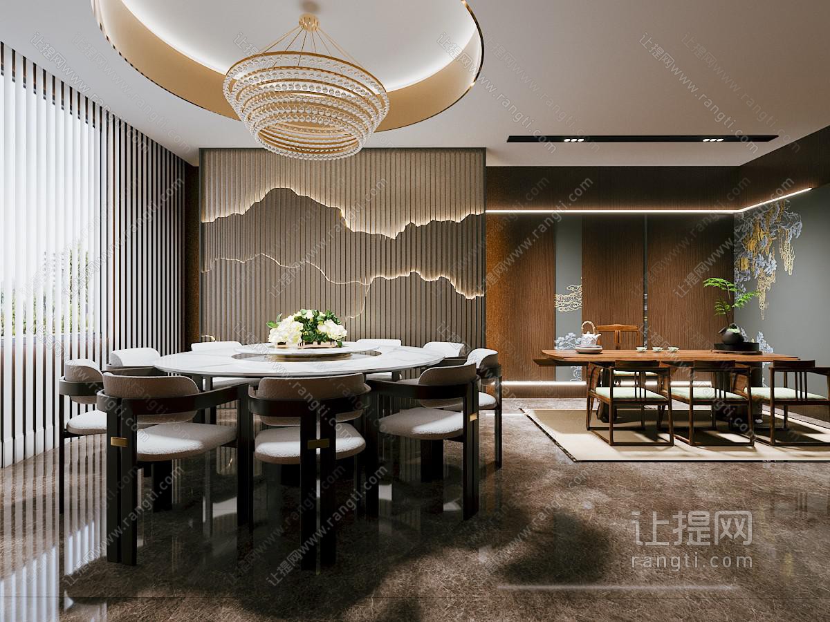 中式餐厅包厢 茶室 餐桌椅 茶台 吊灯 隔断 雕塑 绿植