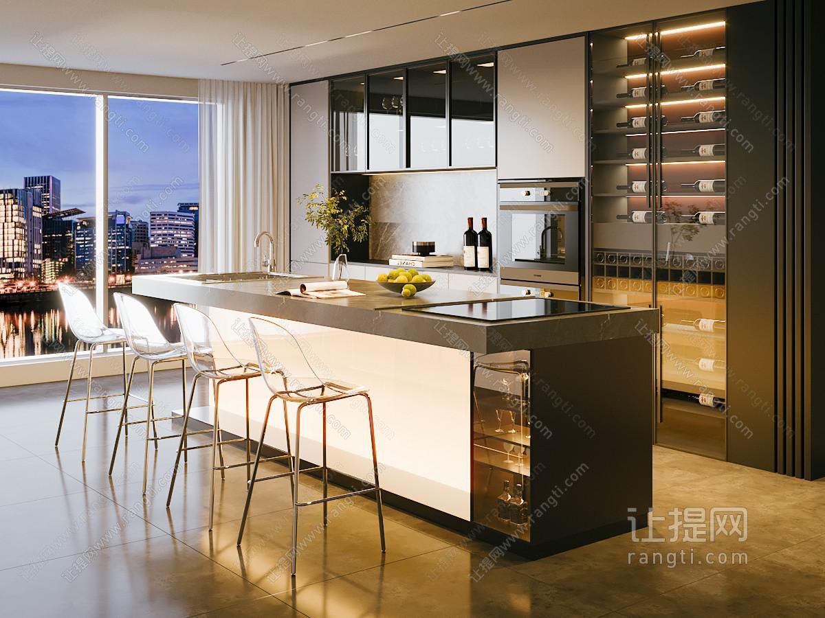 现代意式岛台餐桌椅组合