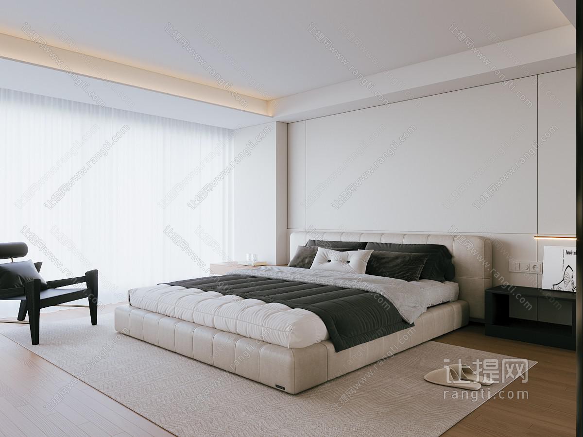 现代家居卧室 双人床 休闲椅 地毯