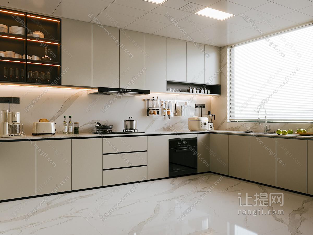 现代封闭式厨房 橱柜 厨具 厨房电器