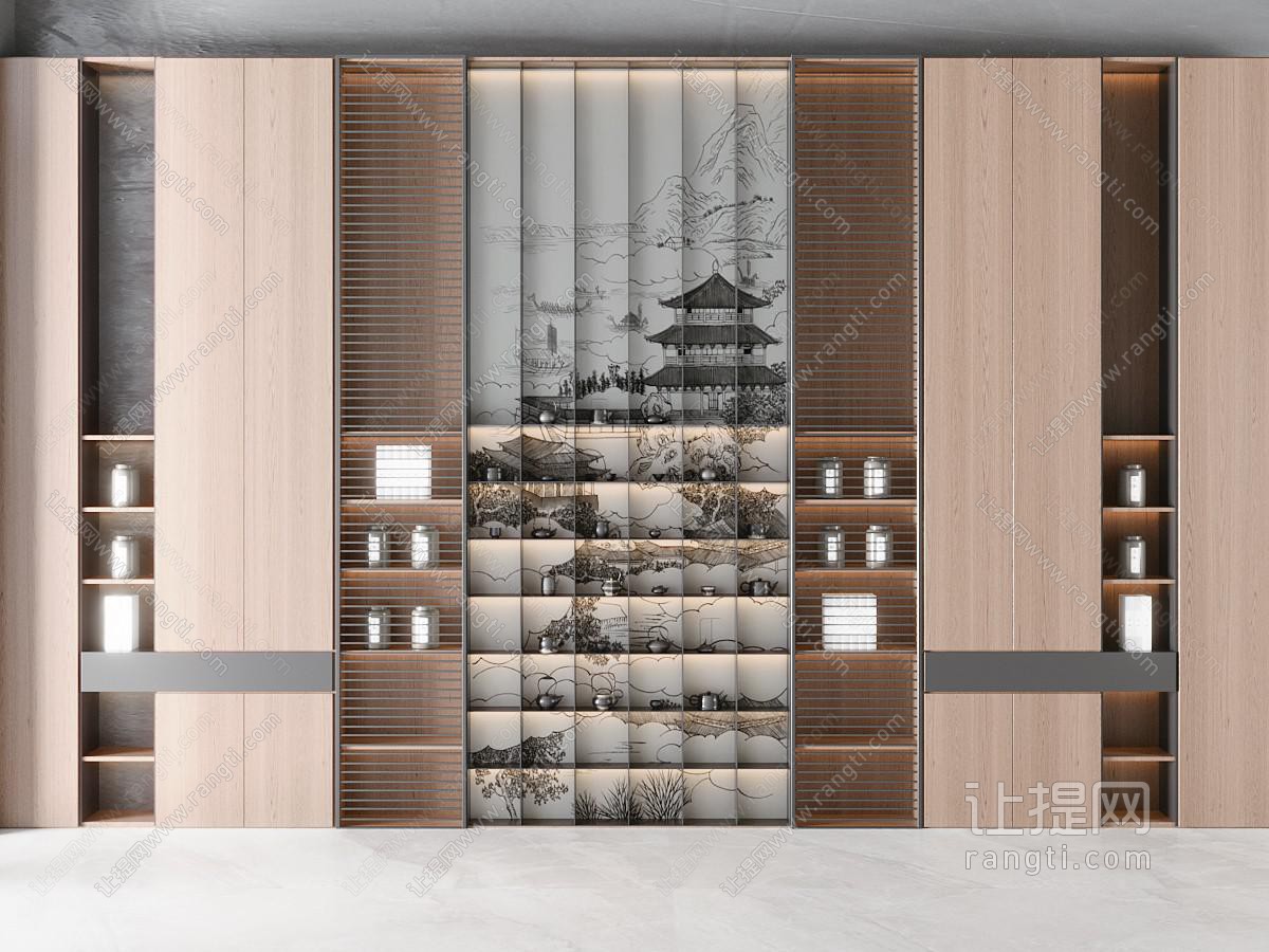 新中式茶柜 茶具展示柜 茶壶茶具 茶杯 山水背景墙 实