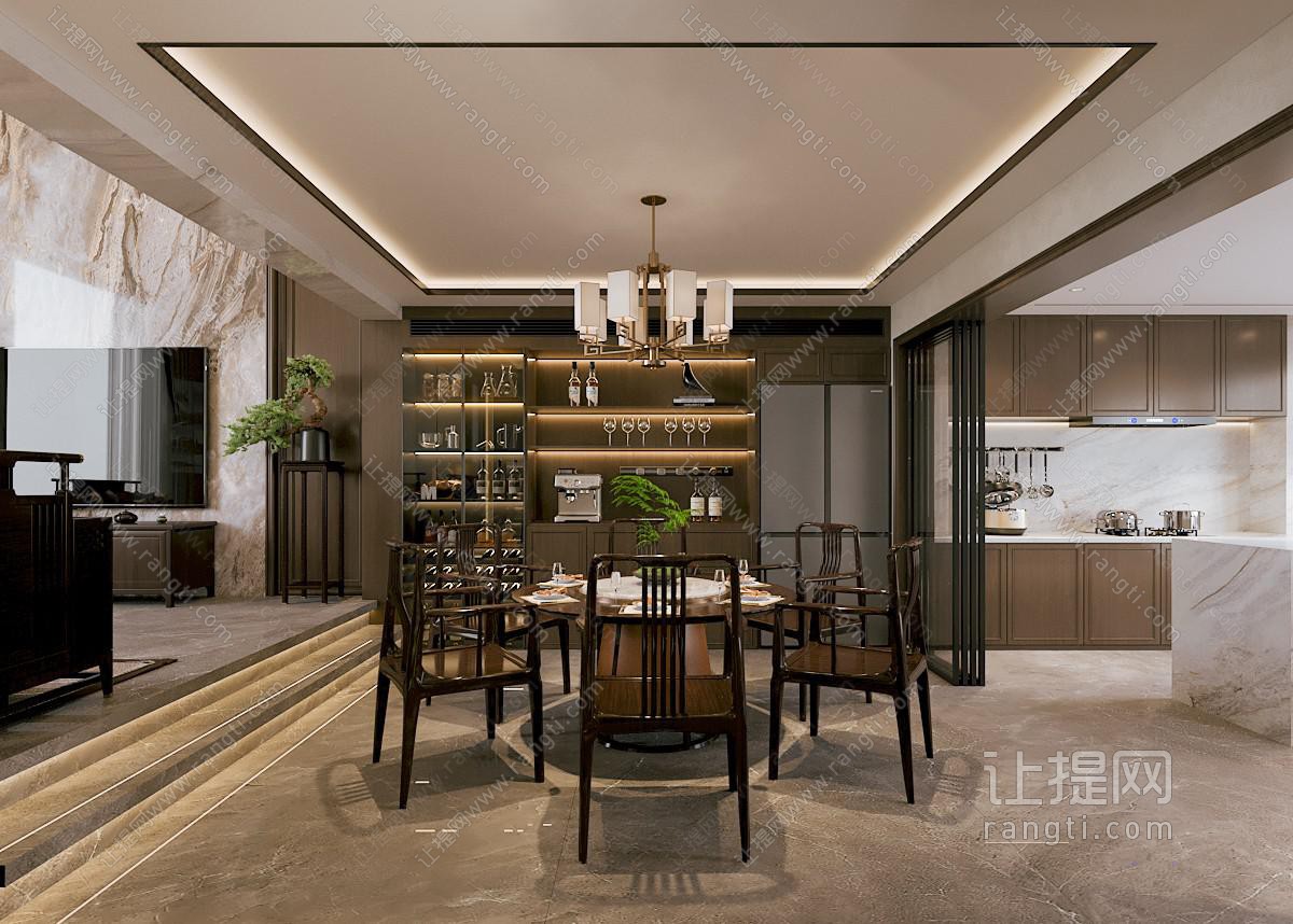 新中式中式别墅客厅餐厅