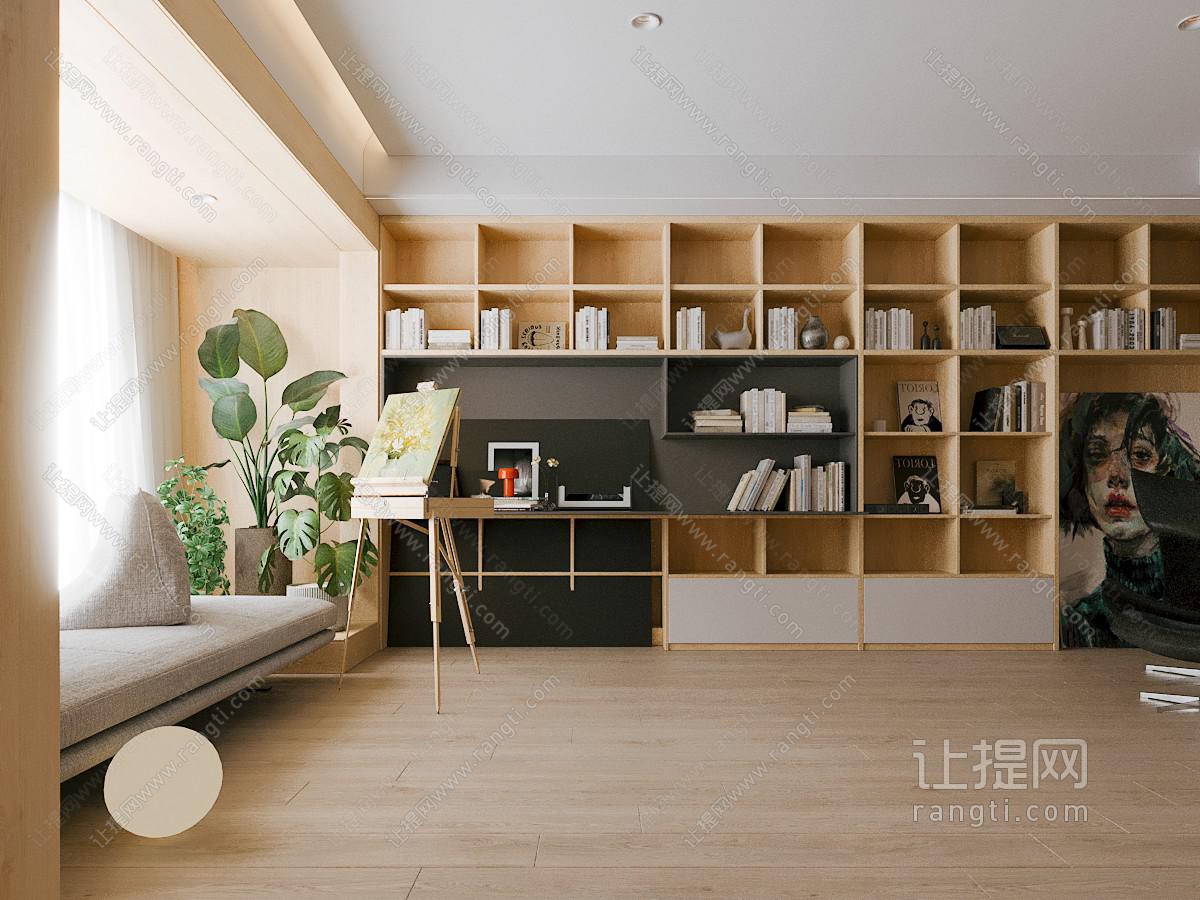 现代原木家居客厅 去客厅化 书柜 电视柜 多功能办公区