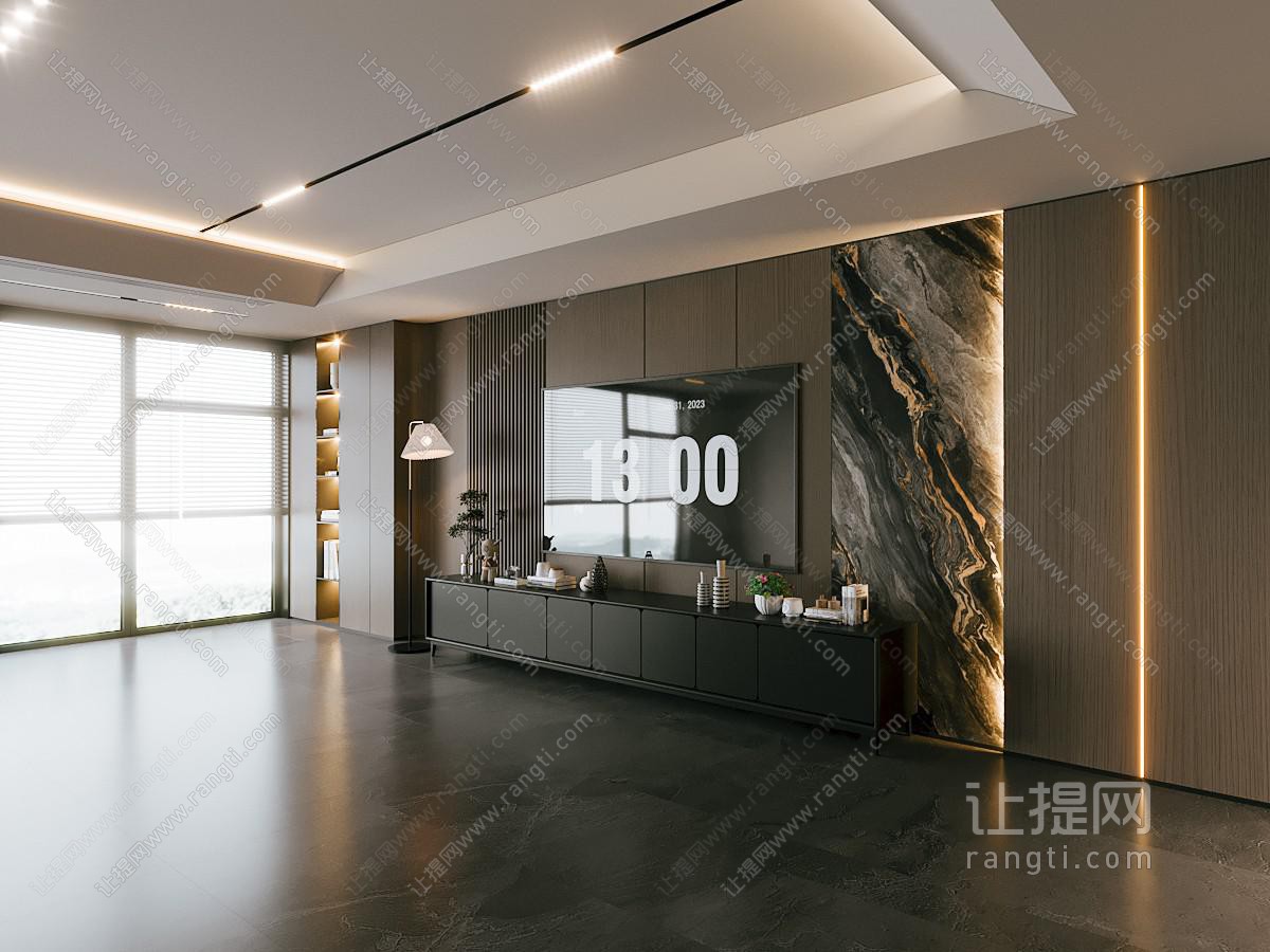 现代意式客厅 轻奢电视背景墙 满墙电视柜 大理石背景