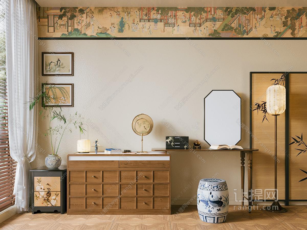 新中式梳妆台 屏风 灯具