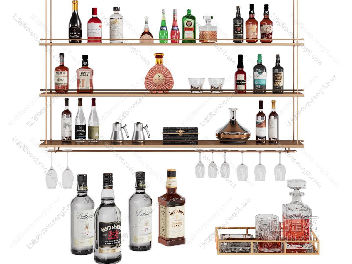 现代酒架 酒瓶 红酒 洋酒 威士忌 酒杯 酒具