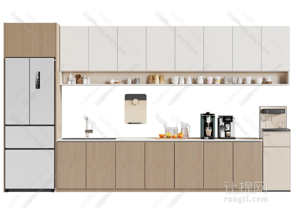 现代奶油白浅原木双拼无拉手茶水柜 餐边水吧柜