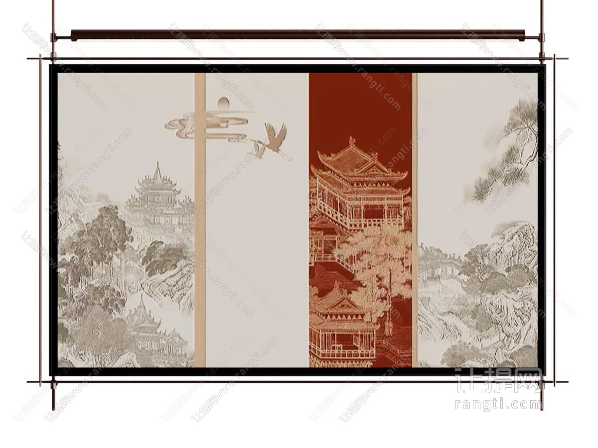 新中式金属画 建筑画 吊杆画