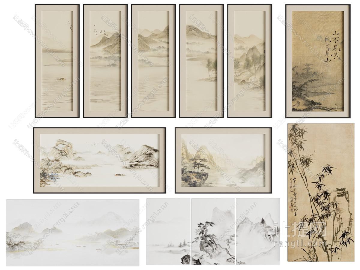 山水挂画 新中式挂画 中式装饰画 组合山水画 客厅挂画